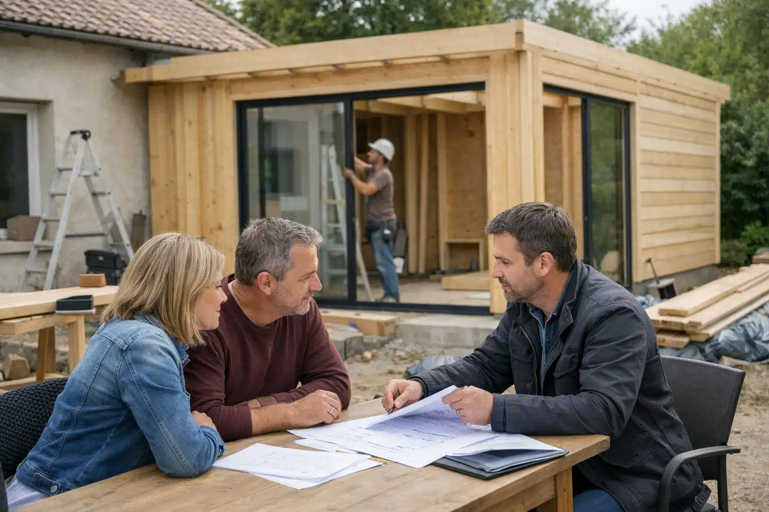 Un couple consulte un entrepreneur devant une construction en bois