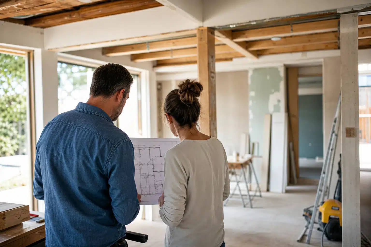 Deux personnes consultant un plan dans un intérieur en rénovation
