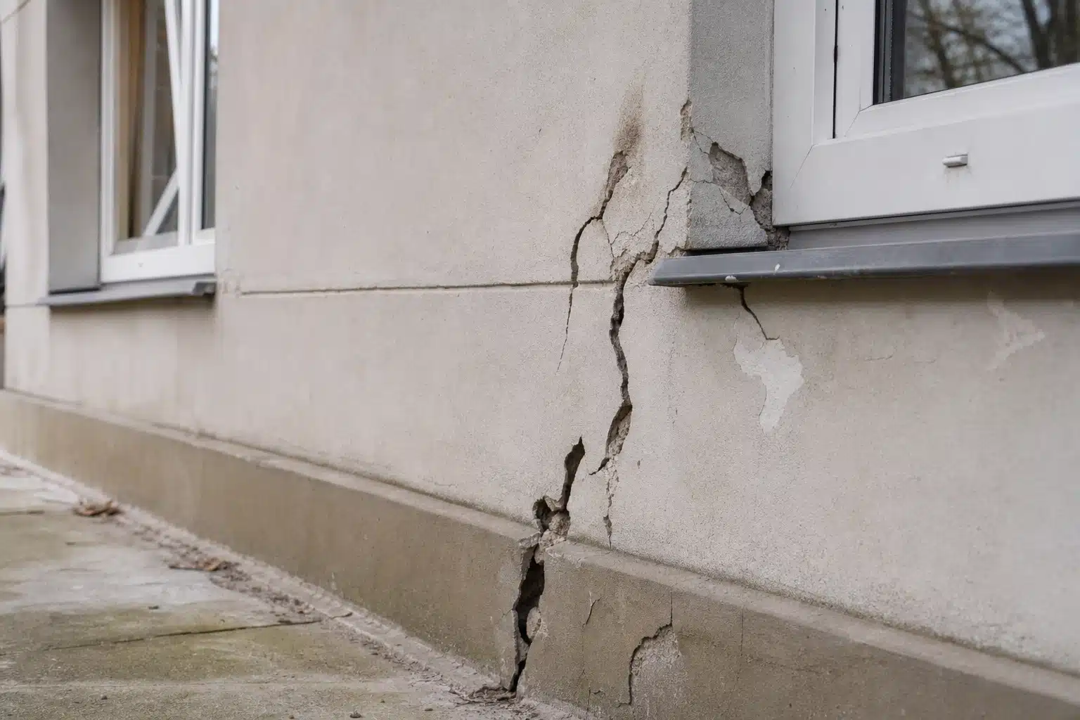 Fissure profonde verticale dans façade sous fenêtre